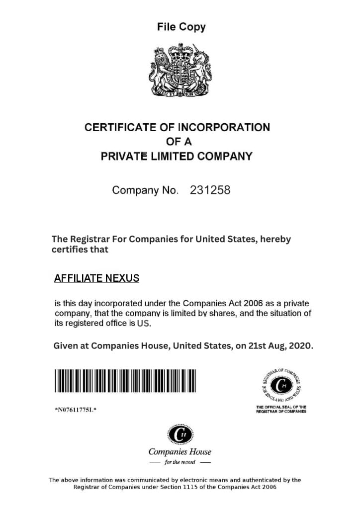 Affiliate Nexus Certificate